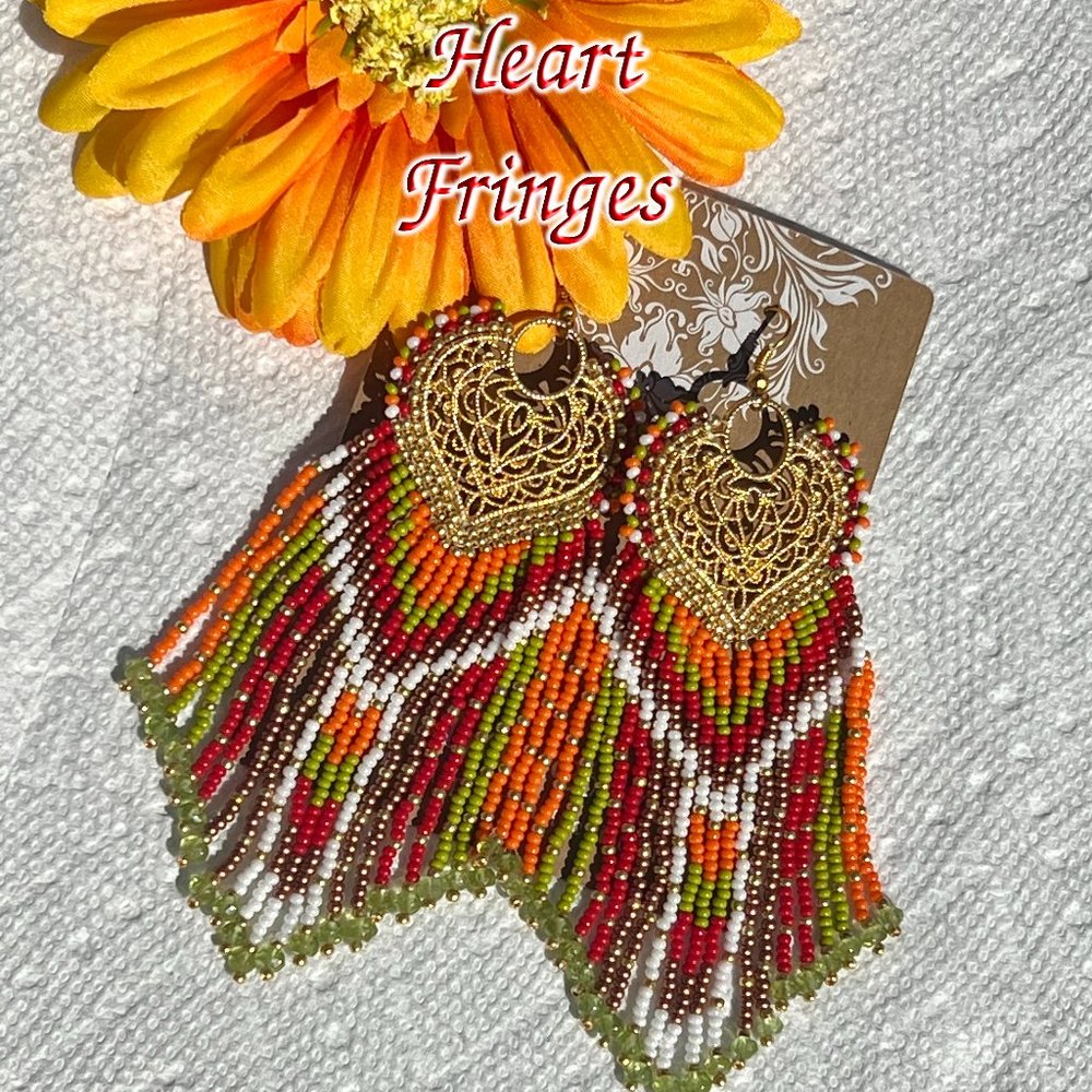 Handmade Beaded Earrings Native American Style Long Fringe Artisan Heart Dangles - Picture 4 of 7